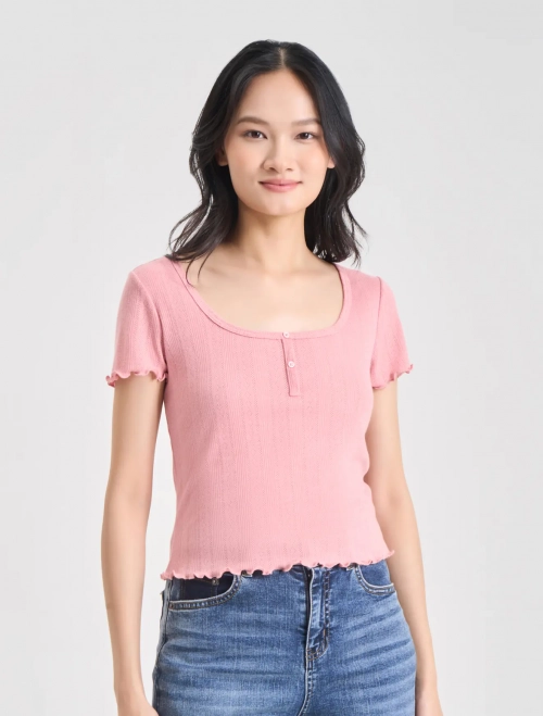 Áo phông nữ cổ rộng phối bèo