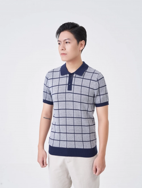 Áo polo nam dệt kẻ ô dáng suông