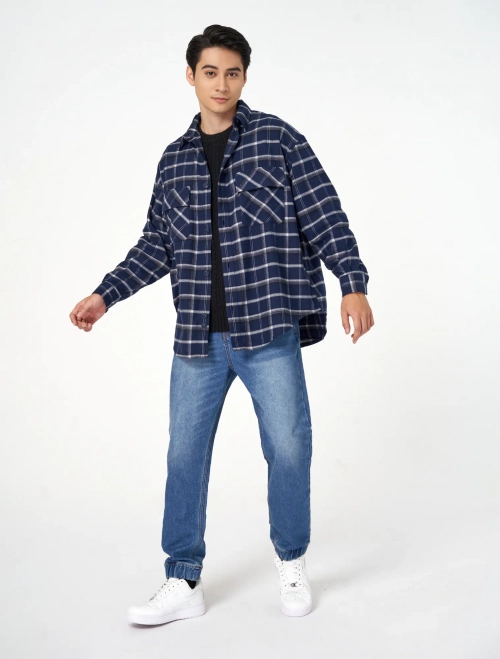 Áo sơ mi nam cotton cổ đức dài tay họa tiết kẻ