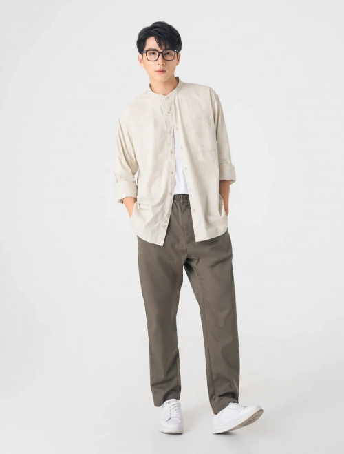 Áo sơ mi nam cotton cổ tàu tay dài dáng suông