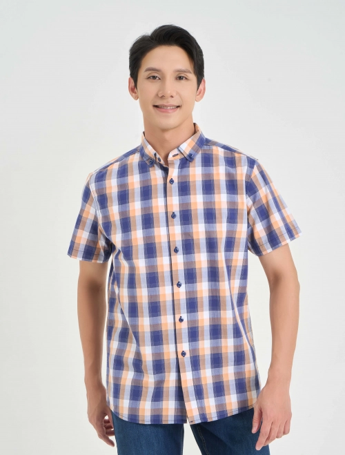 Áo sơ mi nam cotton cộc tay hoạ tiết kẻ